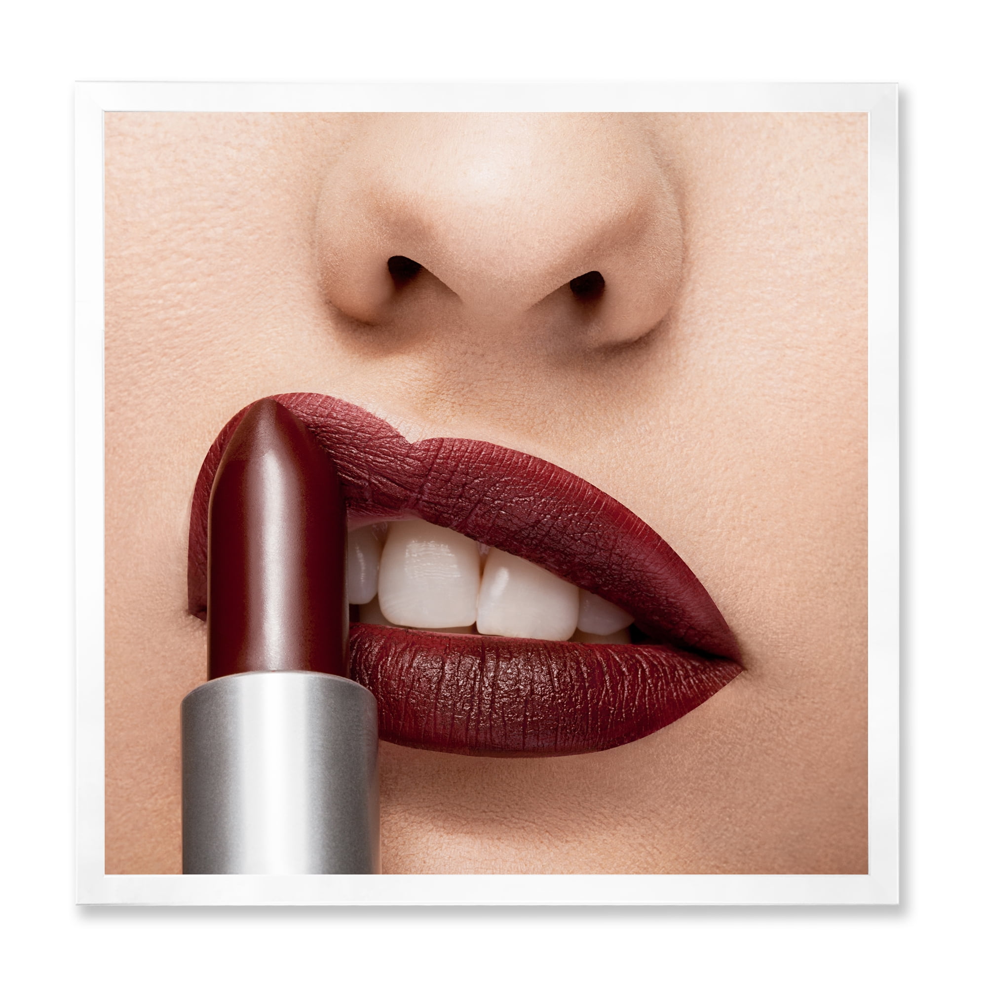 Designart 'Red Lipstick Getting Applyed On Woman Lips' Modern Framed Art Print