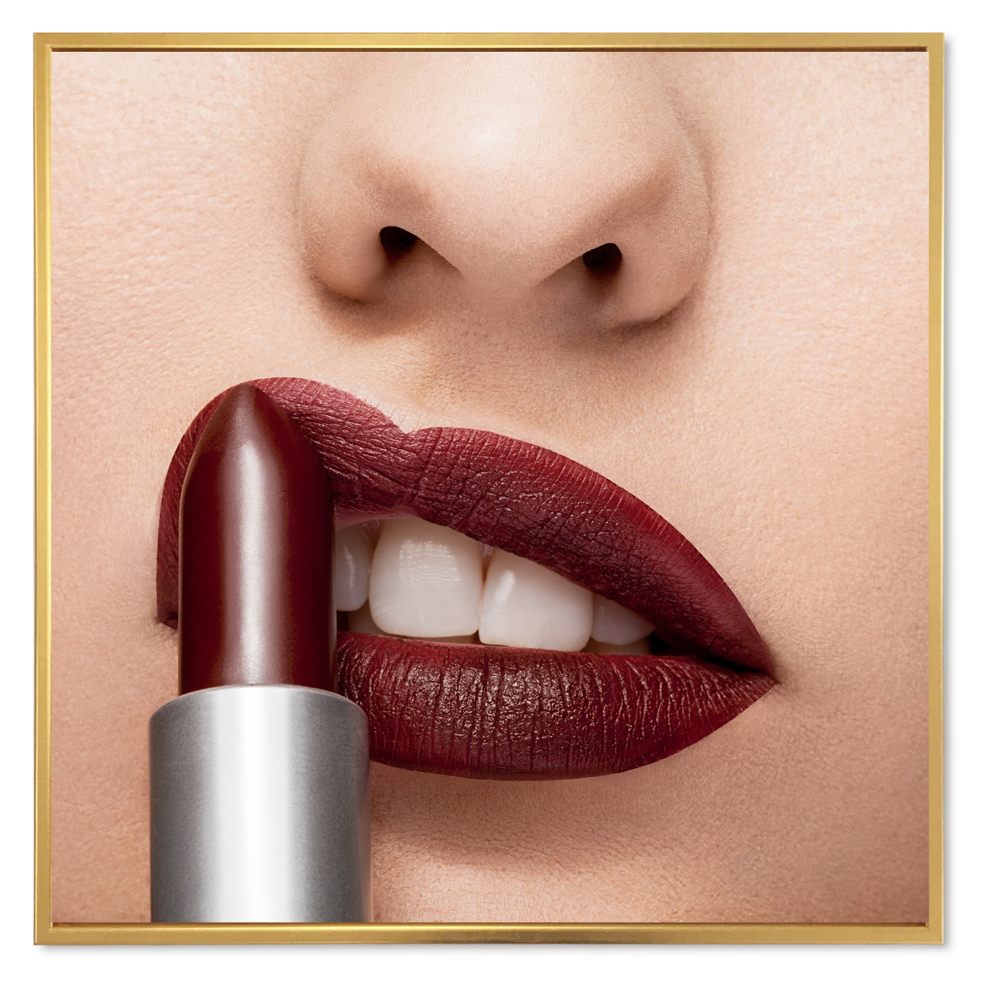 Designart 'Red Lipstick Getting Applyed On Woman Lips' Modern Framed Canvas Wall Art Print