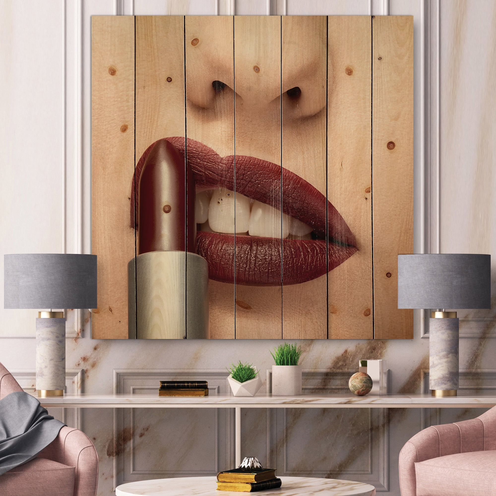 Designart 'Red Lipstick Getting Applyed On Woman Lips' Modern Print on Natural Pine Wood