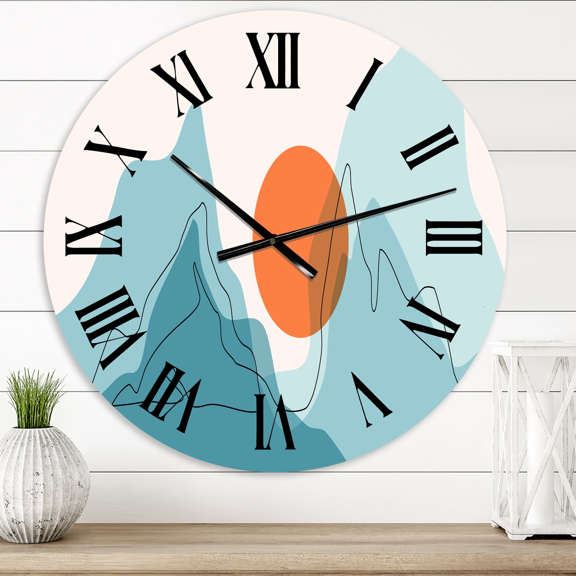 Designart 'Red Moon Over Abstract Blue Mountains I' Modern Wall Clock