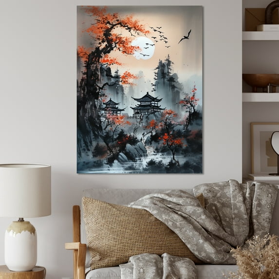 Designart "Red Moonset Raven Cry Japon IV" Japon Landscape Canvas Print