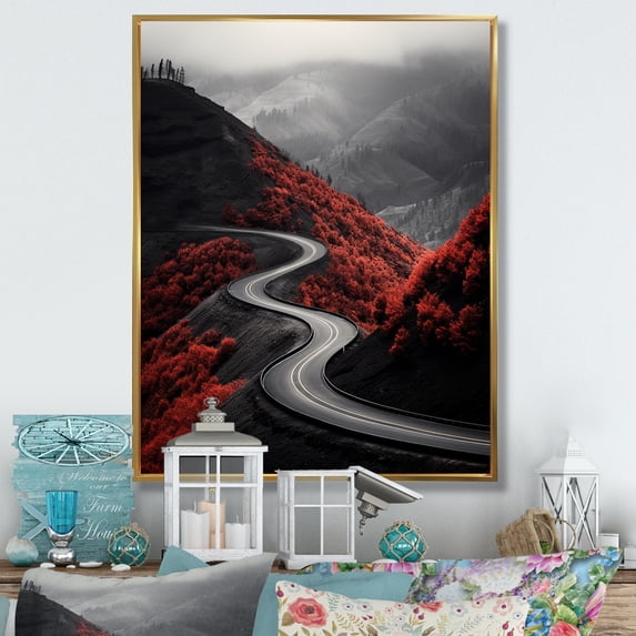 Designart "Red Mountains Along a Meandering Road" Landscape & Nature Floater Framed Canvas Print