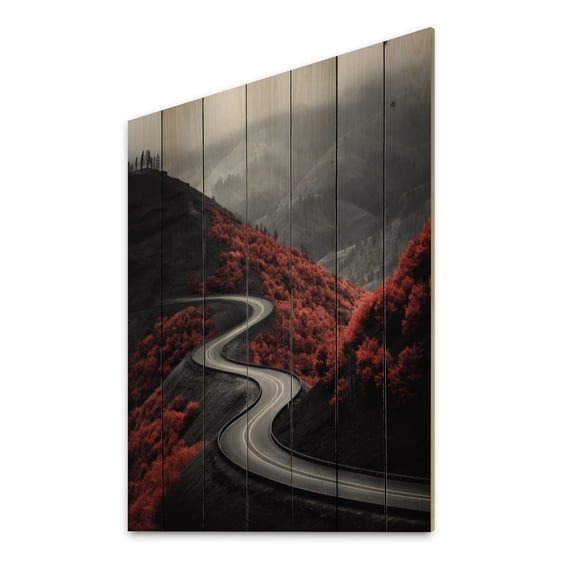 Designart "Red Mountains Along a Meandering Road" Landscape & Nature Print on Natural Pine Wood