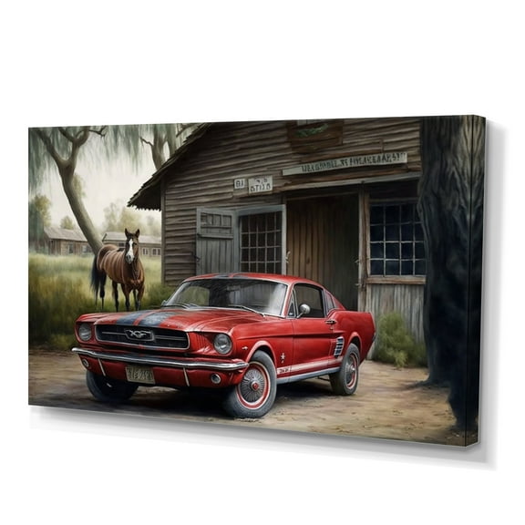 Designart Red Mustle Car On A Ranch Canvas Wall Art