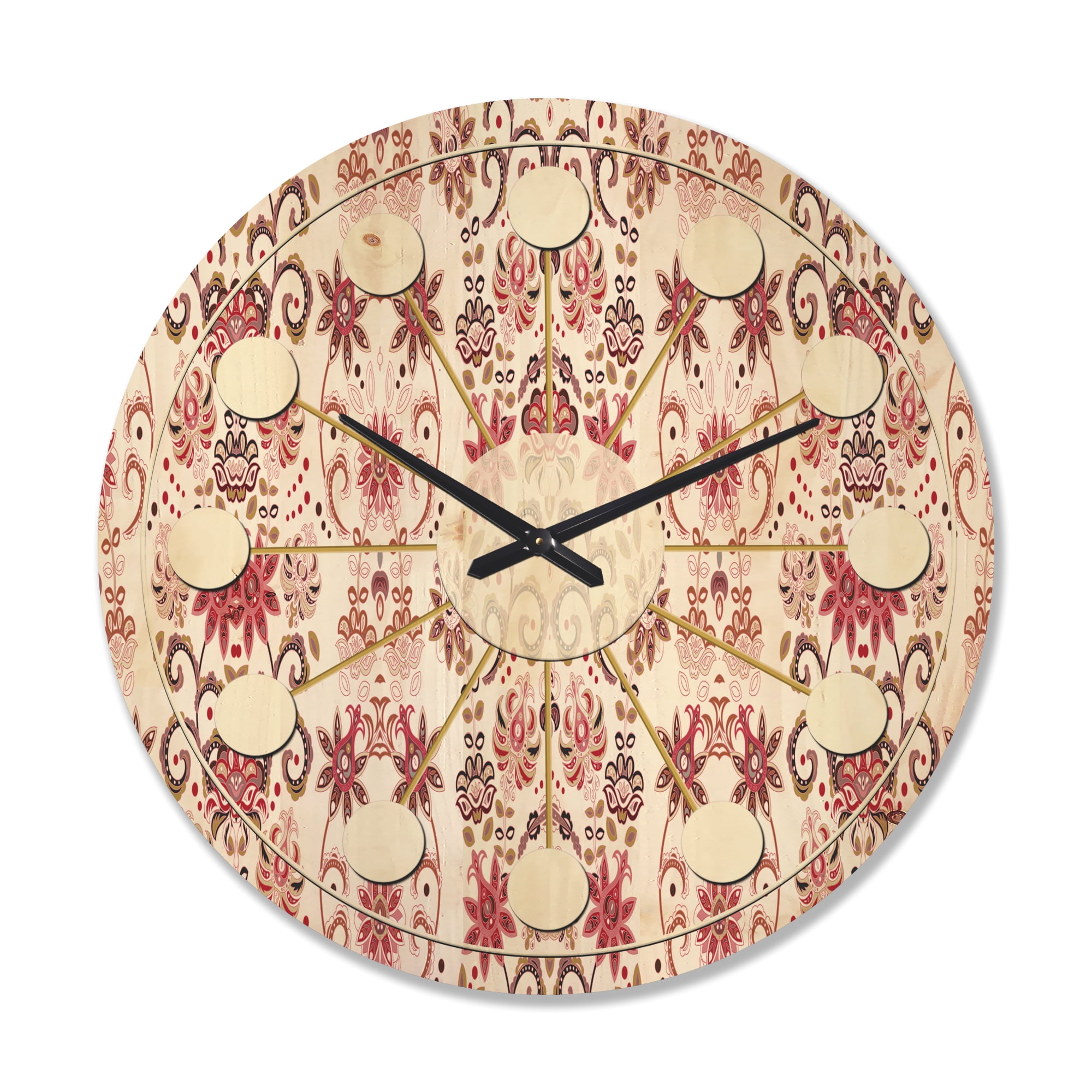 Designart 'Red Ornamental Retro Pattern' Mid-Century Modern Wood Wall Clock