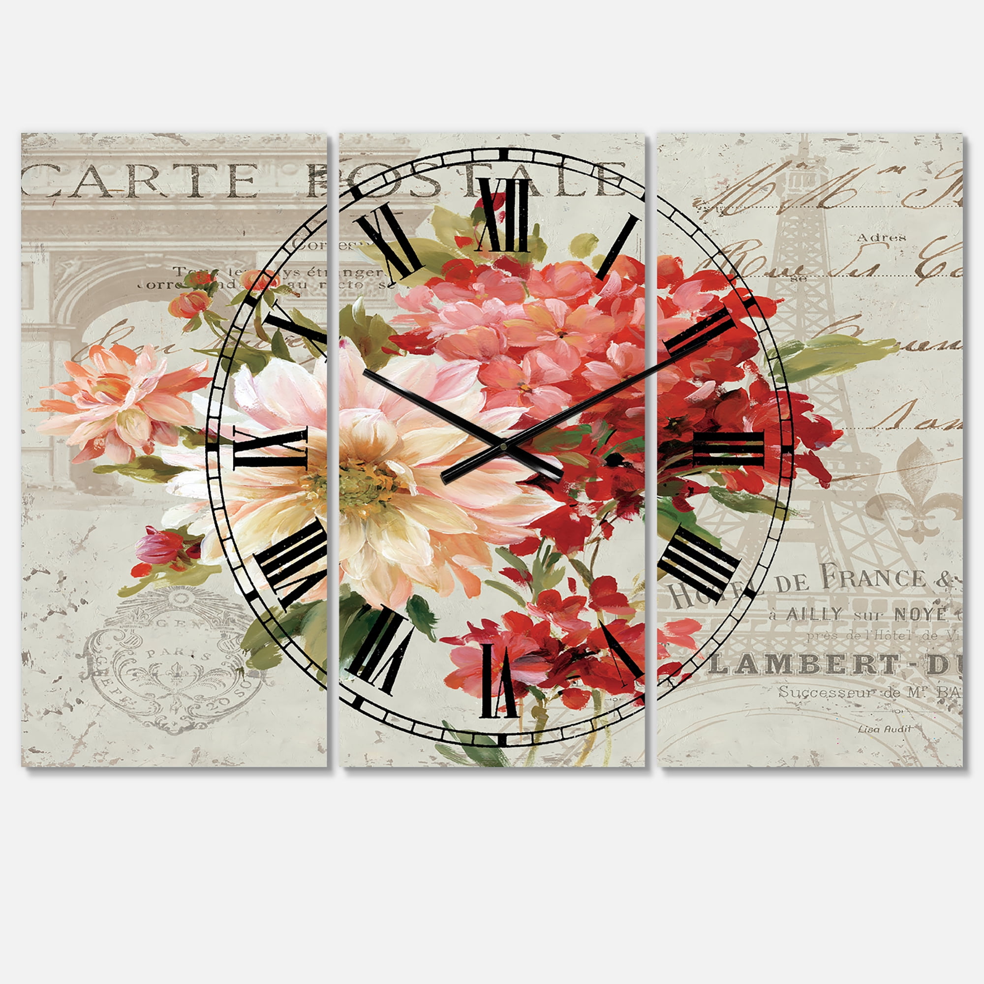 Designart 'Red Painted Flowers on Vintage Postcard I' Traditional Wall Clock