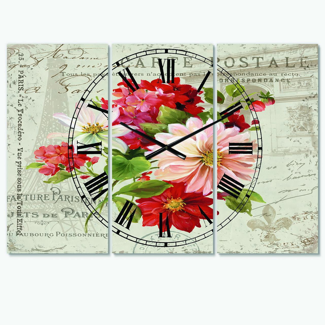 Designart 'Red Painted Flowers on Vintage Postcard II' Farmhouse Wall Clock