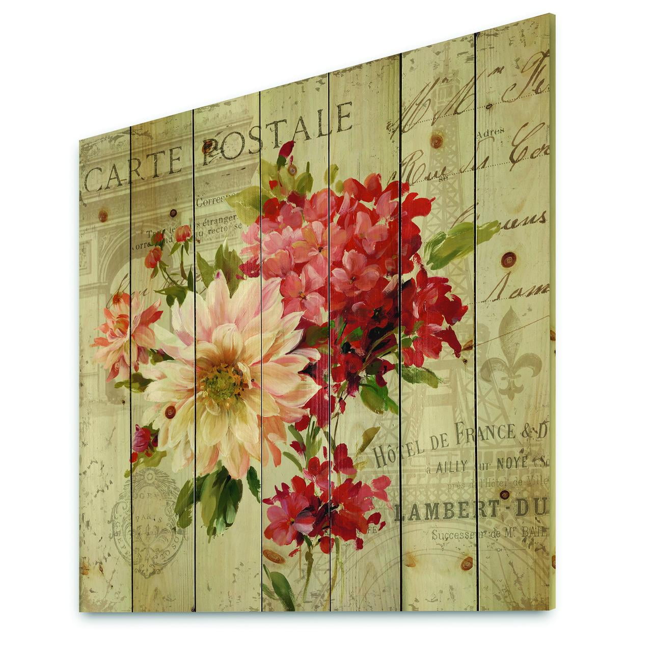 Designart 'Red Painted Flowers on Vintage Postcard III' Farmhouse Print on Natural Pine Wood