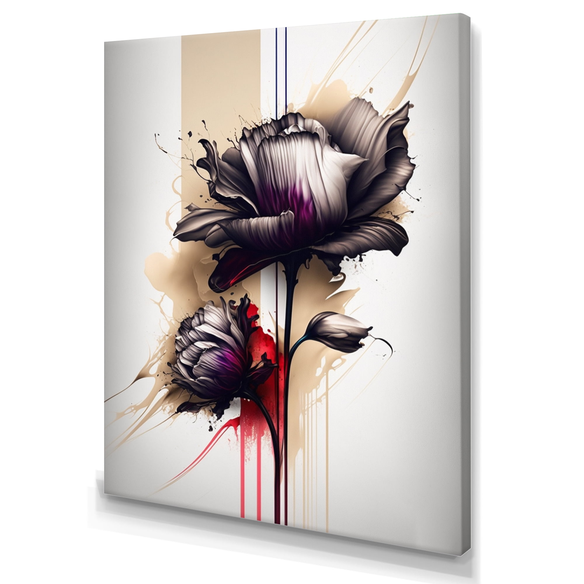 Designart Red Peony Flower On Abstract Paint IV Canvas Wall Art