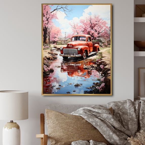 Designart "Red Pickup Truck Of" Pickup Truck Floater Framed Wall Art Print