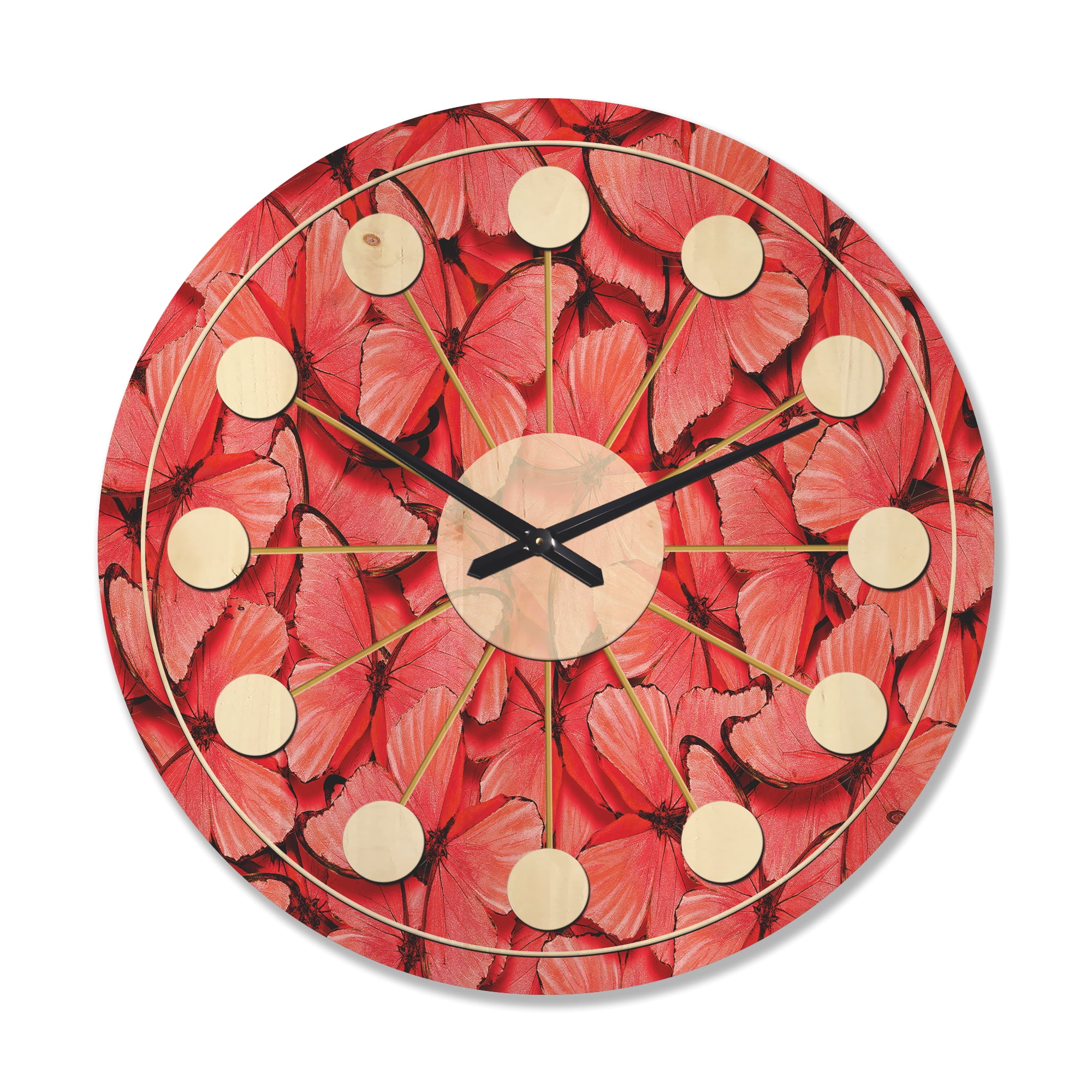 Designart 'Red Pink Butterflies' Mid-Century Modern Wood Wall Clock