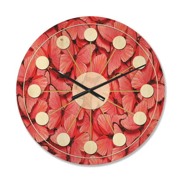 Designart 'Red Pink Butterflies' Mid-Century Modern Wood Wall Clock