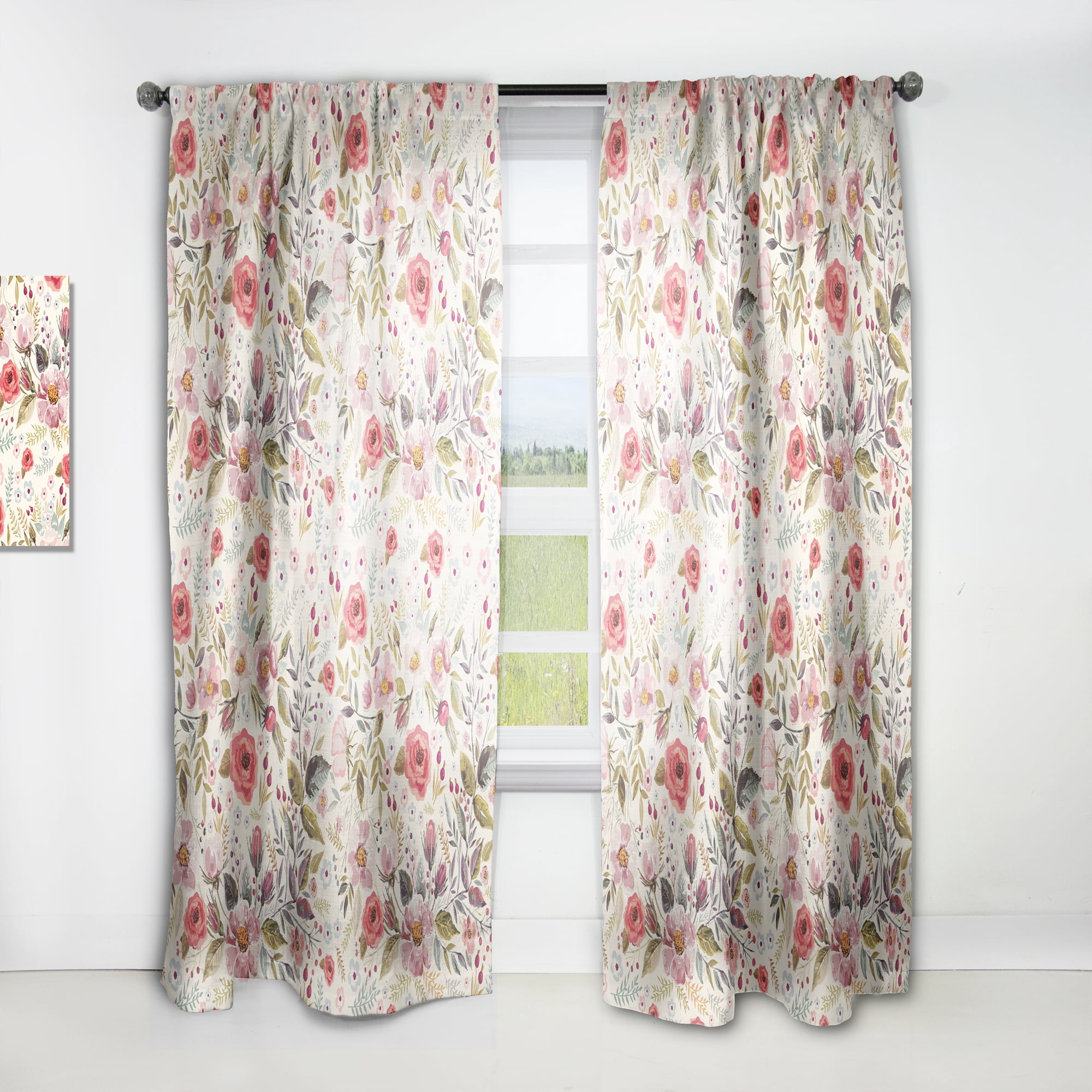 Designart 'Red Pink Vintage Flower and Leaves' Rustic Curtain Panel