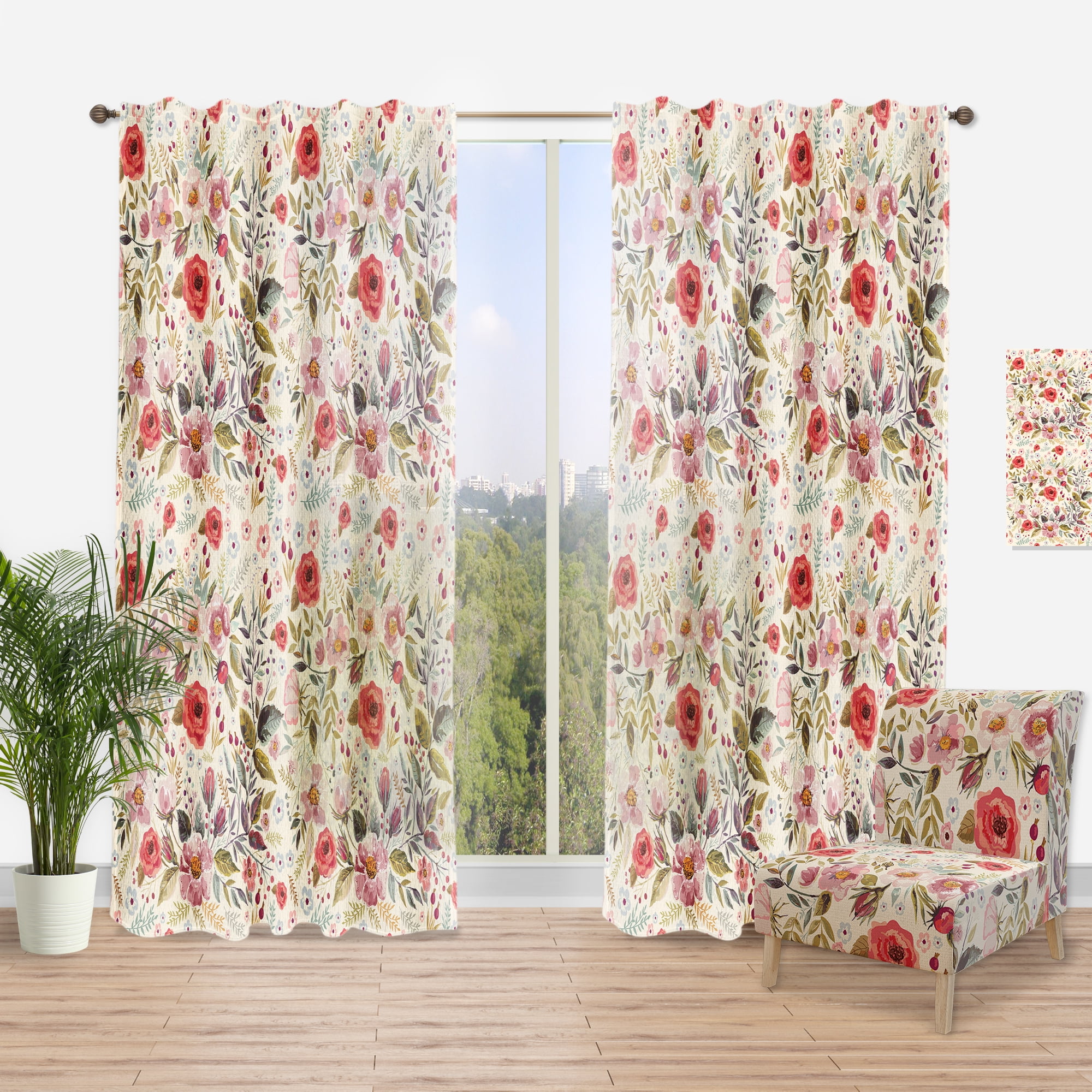 Designart 'Red Pink Vintage Flower and Leaves' Rustic Curtain Panel