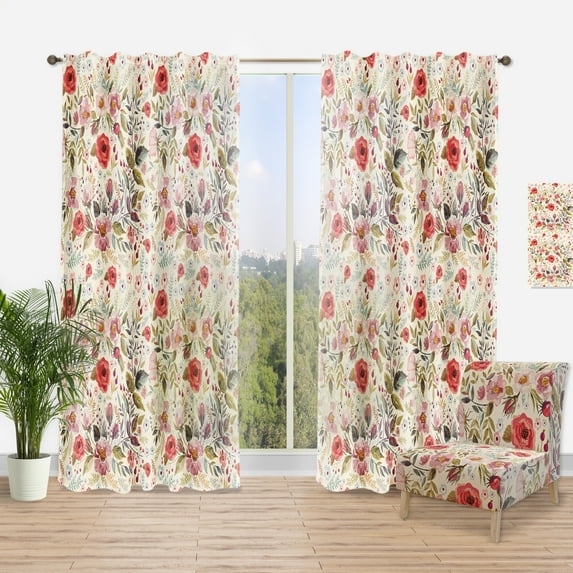 Designart 'Red Pink Vintage Flower and Leaves' Rustic Curtain Panel