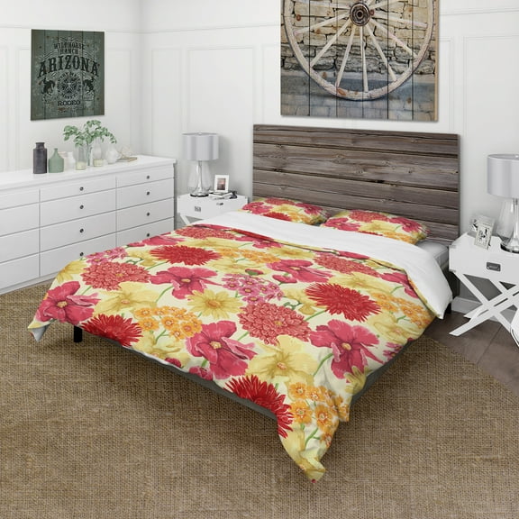 Designart 'Red, Pink and Yellow Flowers' Floral Duvet Cover Set