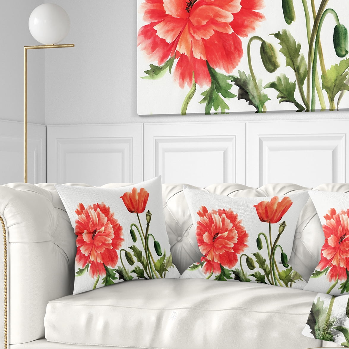 Designart Red Poppies - Abstract Watercolor Throw Pillow - 16x16