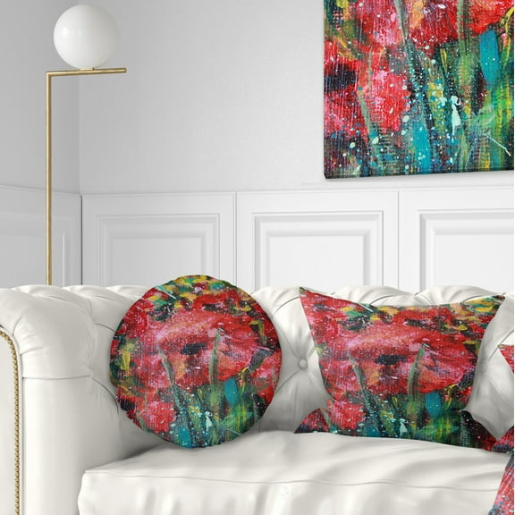 Designart Red Poppies Acrylic Drawing - Floral Throw Pillow - 12x20