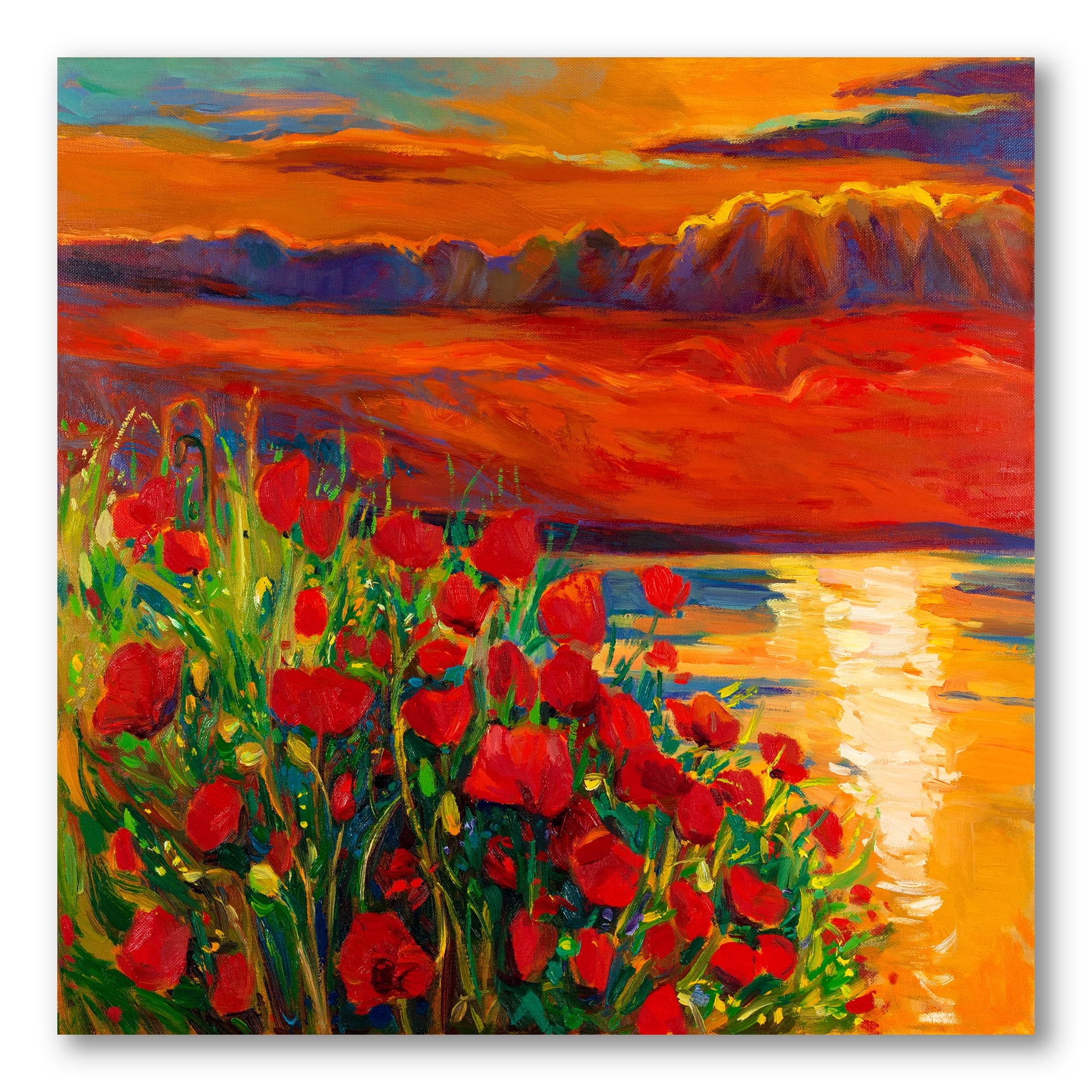 Designart ' Red Poppies By The Ocean During Evening Glow ' Nautical & Coastal Canvas Wall Art Print