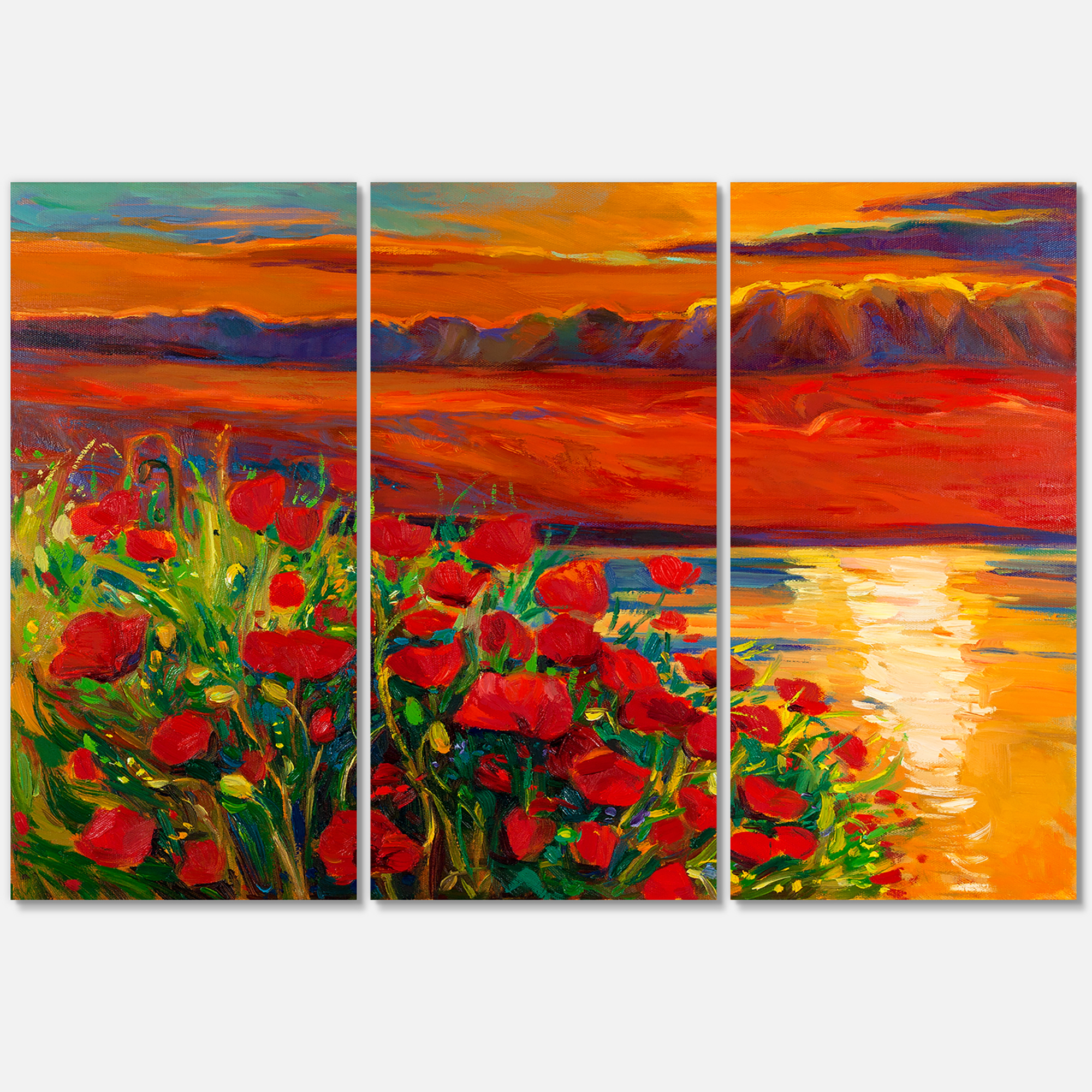 Designart ' Red Poppies By The Ocean During Evening Glow ' Nautical & Coastal Canvas Wall Art Print