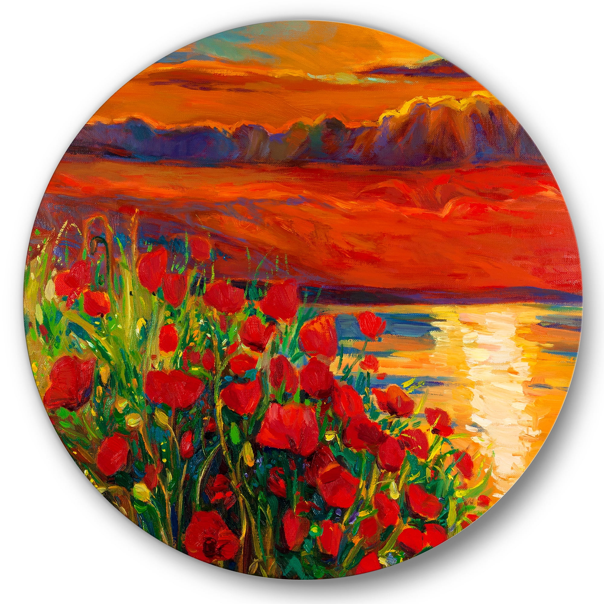 Designart 'Red Poppies By The Ocean During Evening Glow' Nautical & Coastal Circle Metal Wall Art 29x29 - Disc of 29