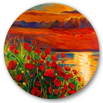 Designart 'Red Poppies By The Ocean During Evening Glow' Nautical & Coastal Circle Metal Wall Art 36x36 - Disc of 36