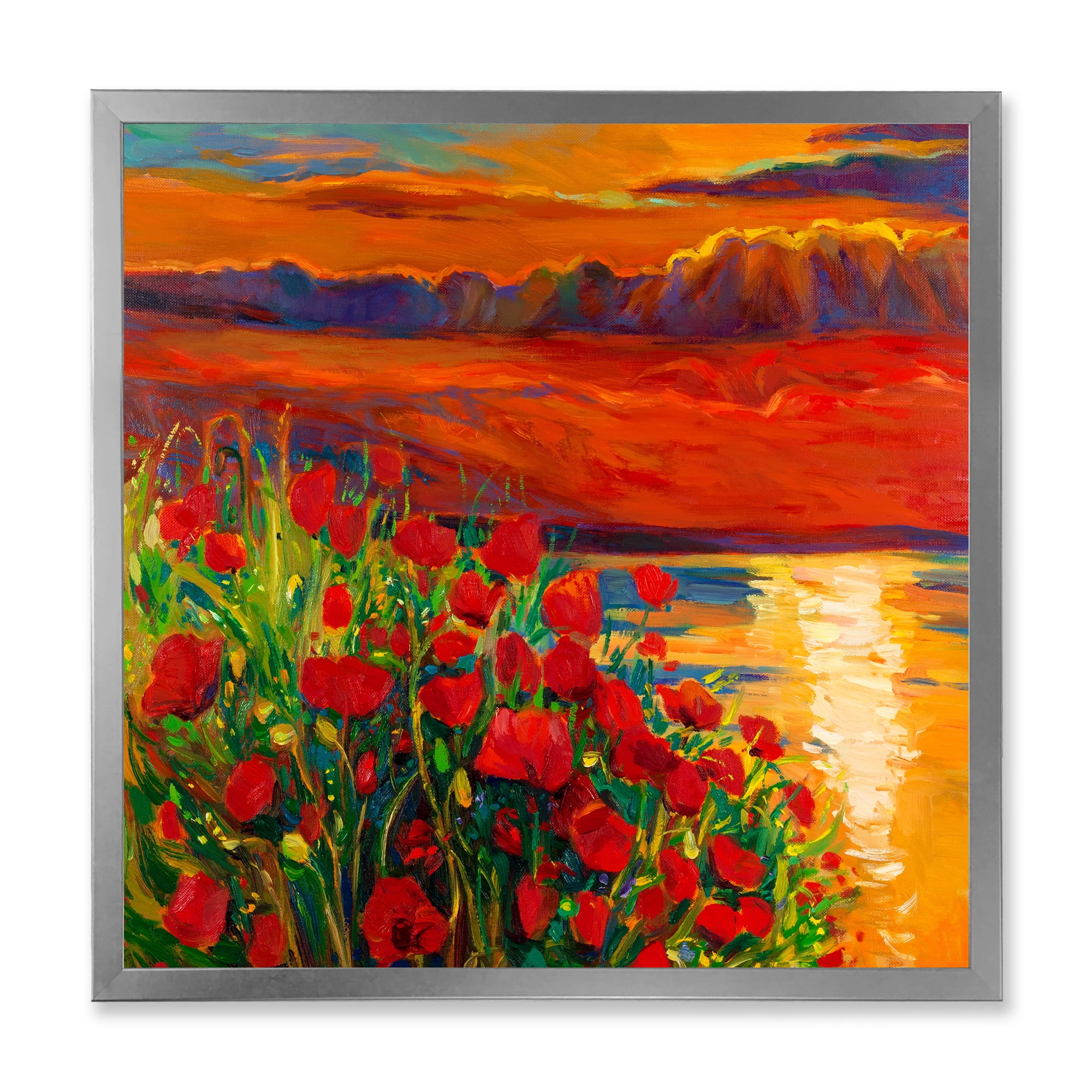 Designart 'Red Poppies By The Ocean During Evening Glow' Nautical & Coastal Framed Art Print