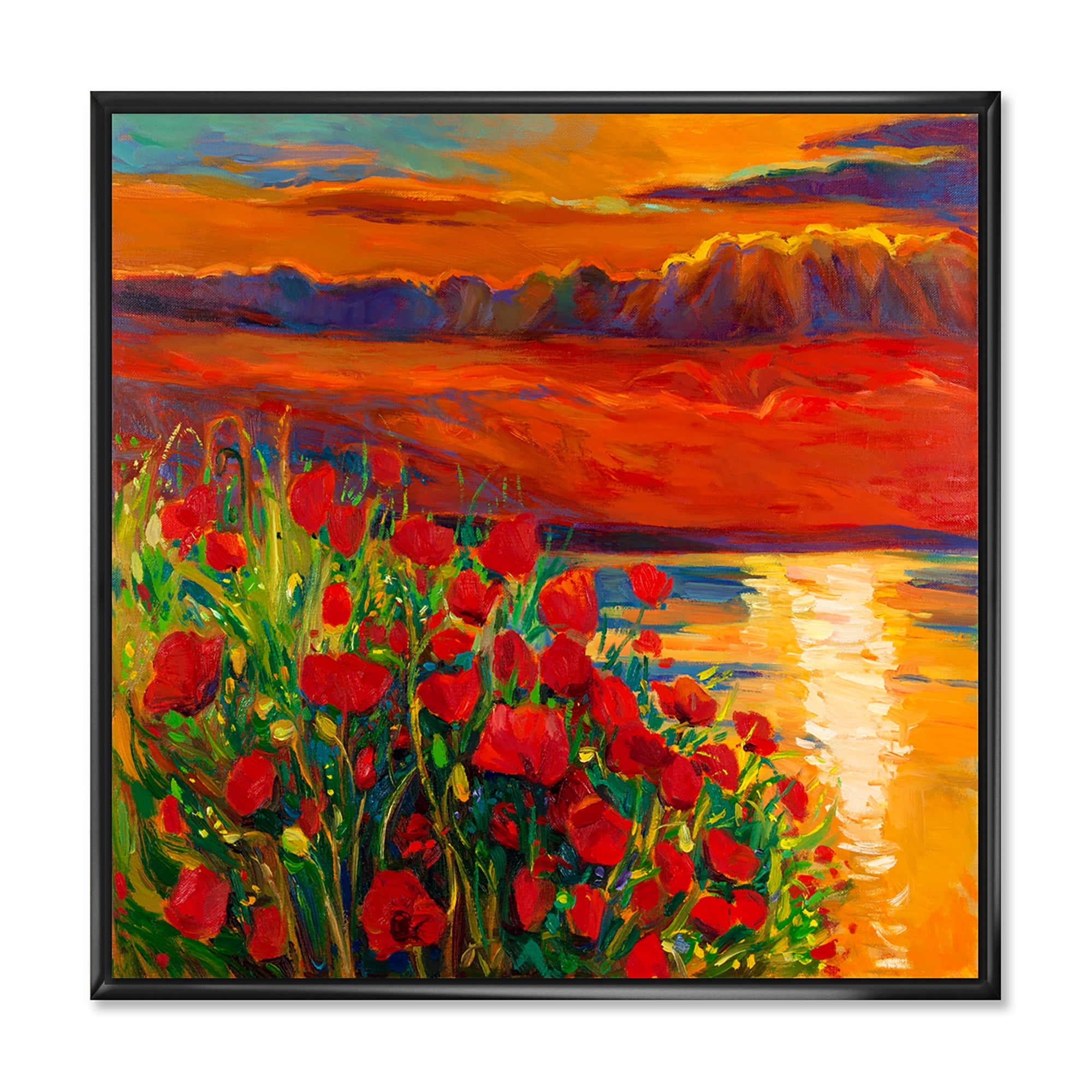 Designart 'Red Poppies By The Ocean During Evening Glow' Nautical & Coastal Framed Canvas Wall Art Print