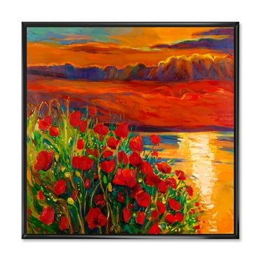 Designart 'Red Poppies By The Ocean During Evening Glow' Nautical & Coastal Framed Canvas Wall Art Print