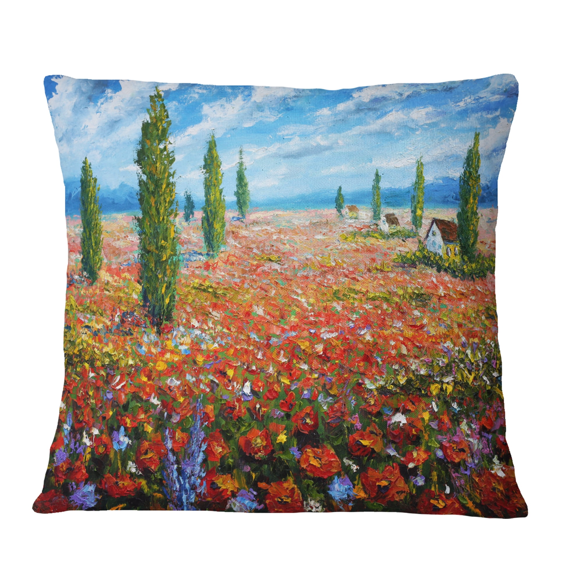 Designart Red Poppies Field Watercolor - Flower Throw Pillow - 18x18