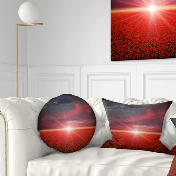 Designart Red Poppies Field at Sunset - Modern Landscape Printed Throw Pillow - 12x20