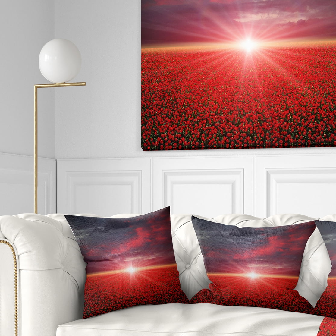 Designart Red Poppies Field at Sunset - Modern Landscape Printed Throw Pillow - 16x16