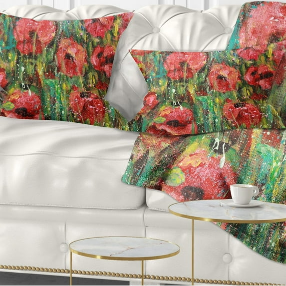 Designart Red Poppies Watercolor Drawing - Floral Throw Pillow - 12x20