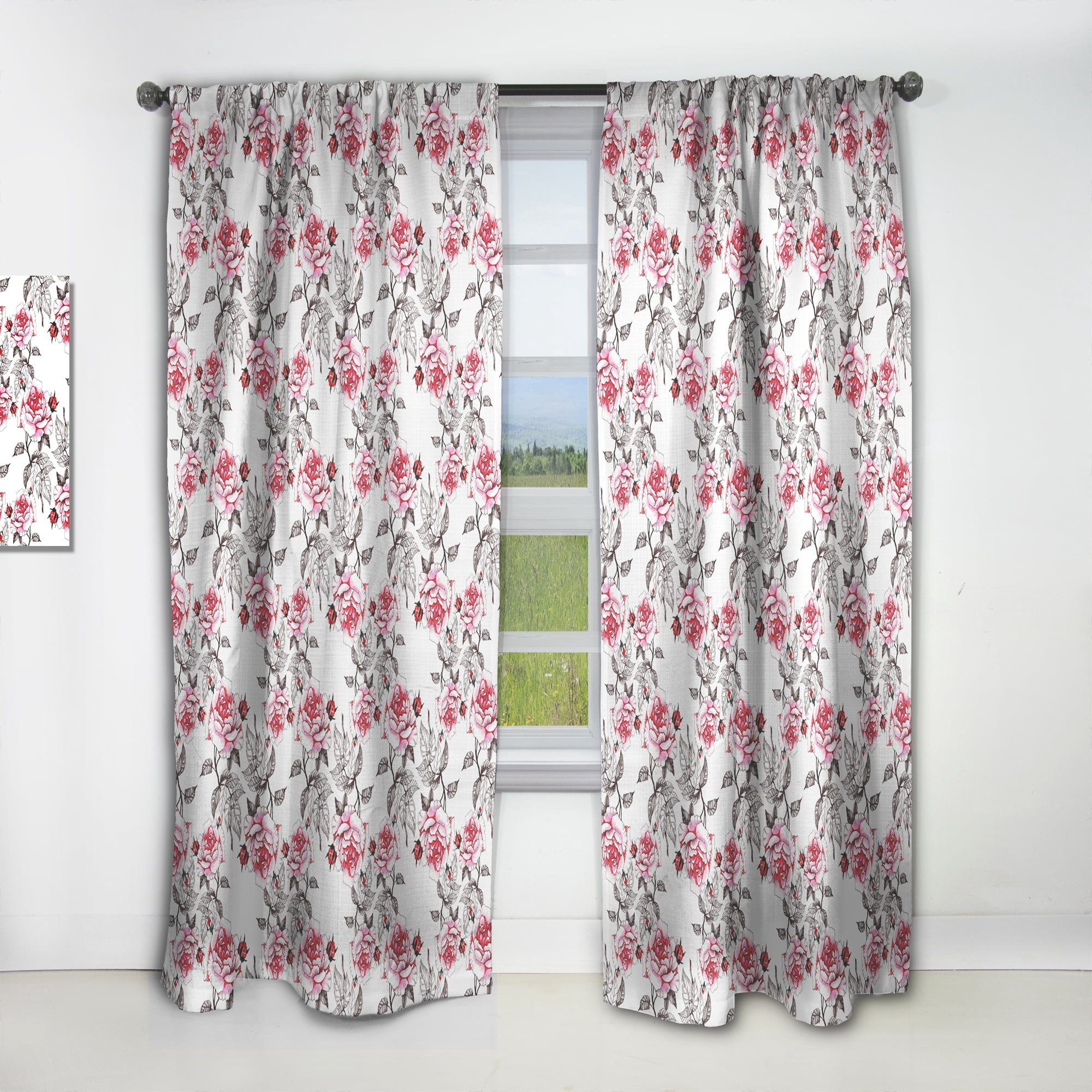 Designart 'Red Poppies With Seamless Pattern II' Floral Curtain Panel