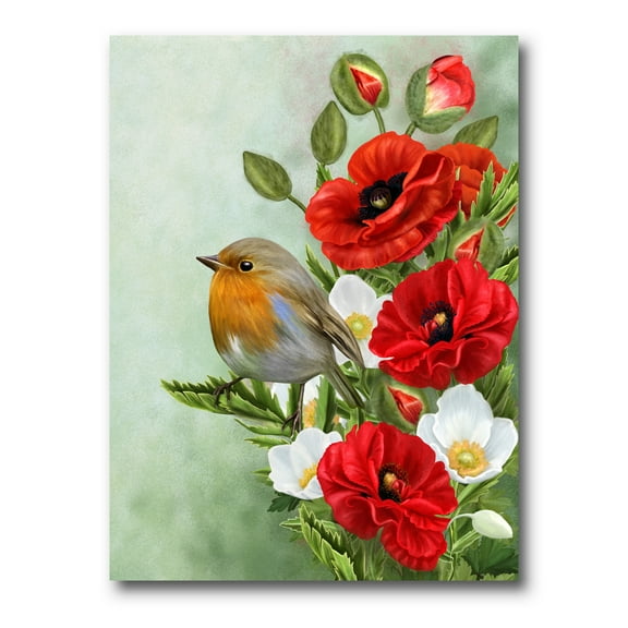 Designart ' Red Poppies and White Anemones With Yellow Bird ' Traditional Canvas Wall Art Print