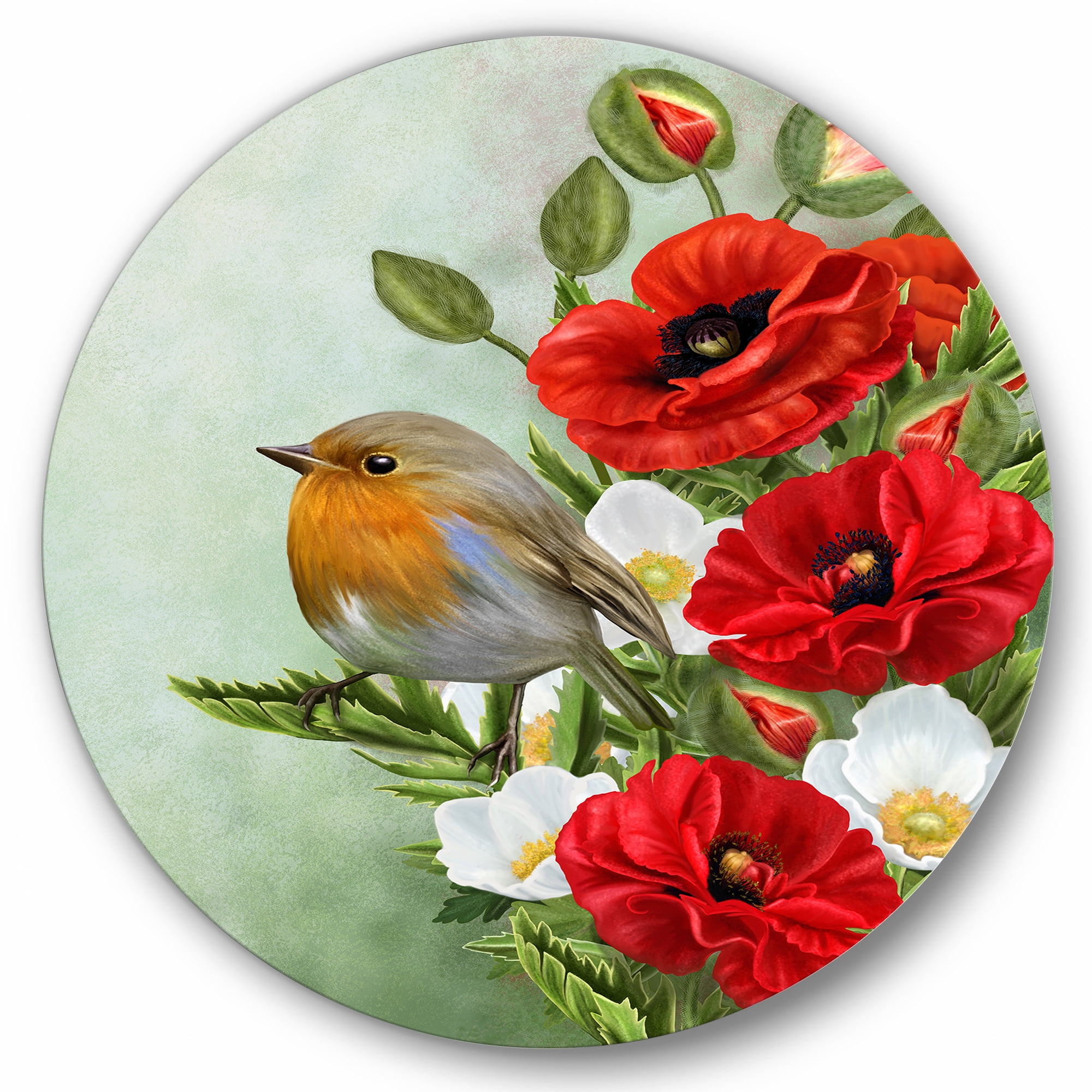 Designart 'Red Poppies and White Anemones With Yellow Bird' Traditional Circle Metal Wall Art 11x11 - Disc of 11