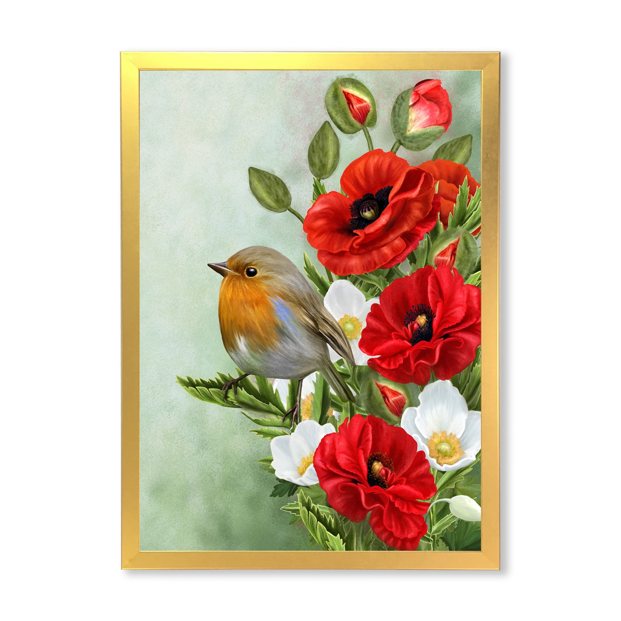 Designart 'Red Poppies and White Anemones With Yellow Bird' Traditional Framed Art Print