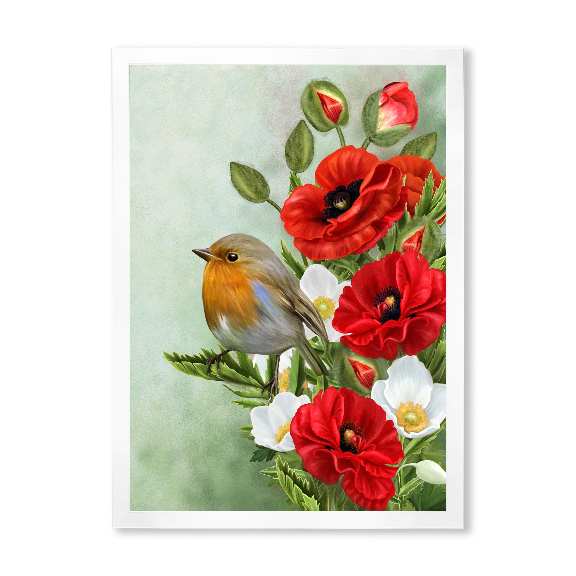 Designart 'Red Poppies and White Anemones With Yellow Bird' Traditional Framed Art Print