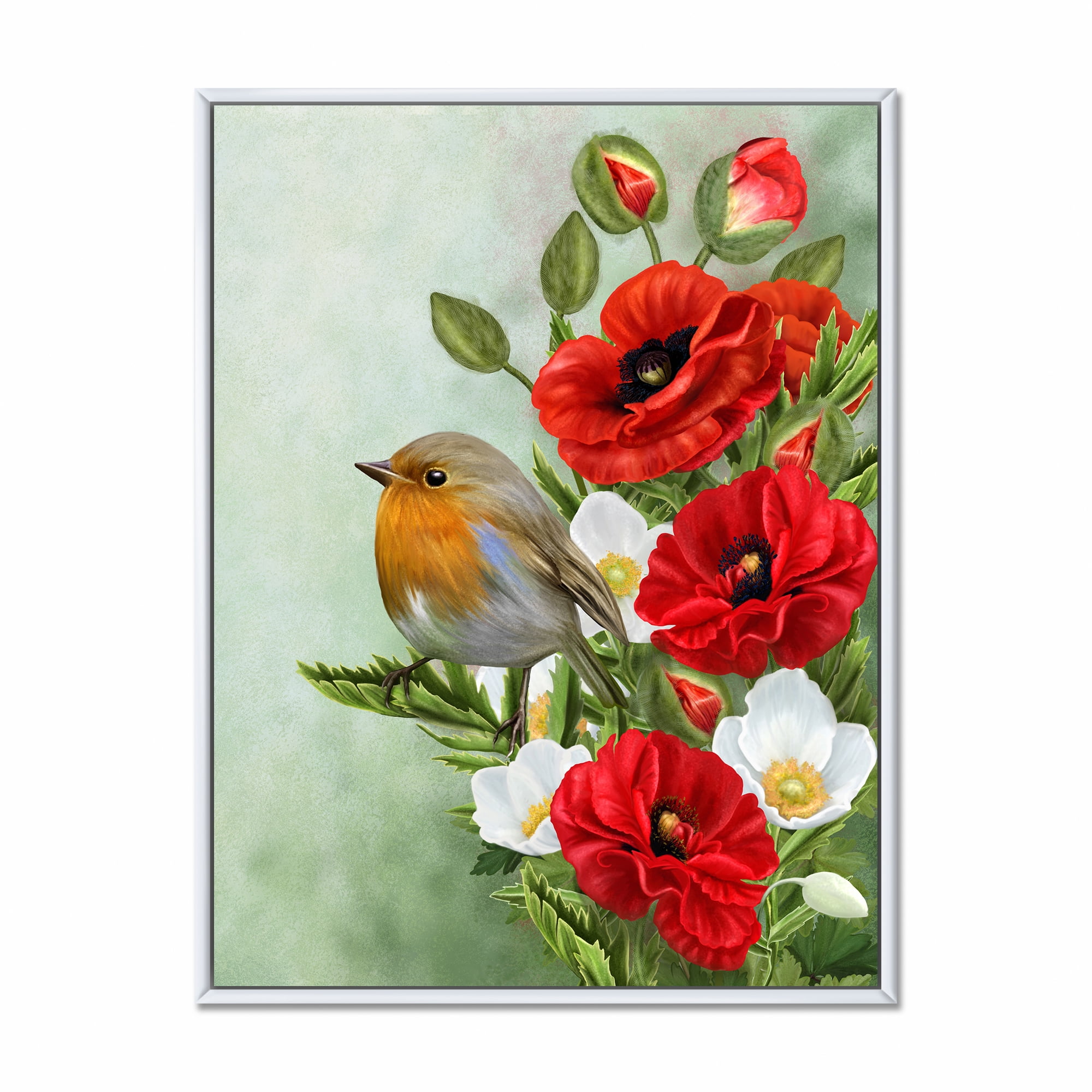 Designart 'Red Poppies and White Anemones With Yellow Bird' Traditional Framed Canvas Wall Art Print