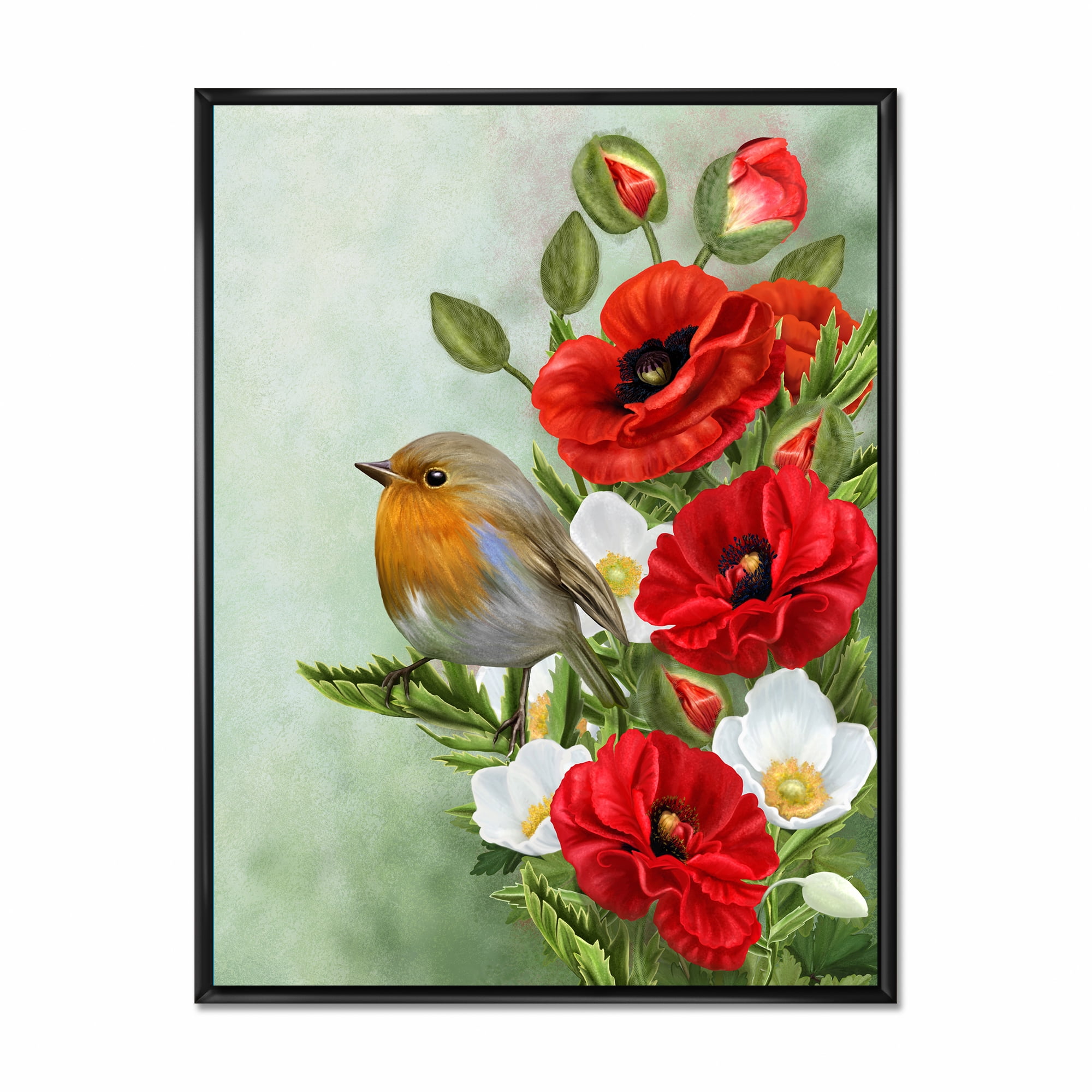 Designart 'Red Poppies and White Anemones With Yellow Bird' Traditional Framed Canvas Wall Art Print