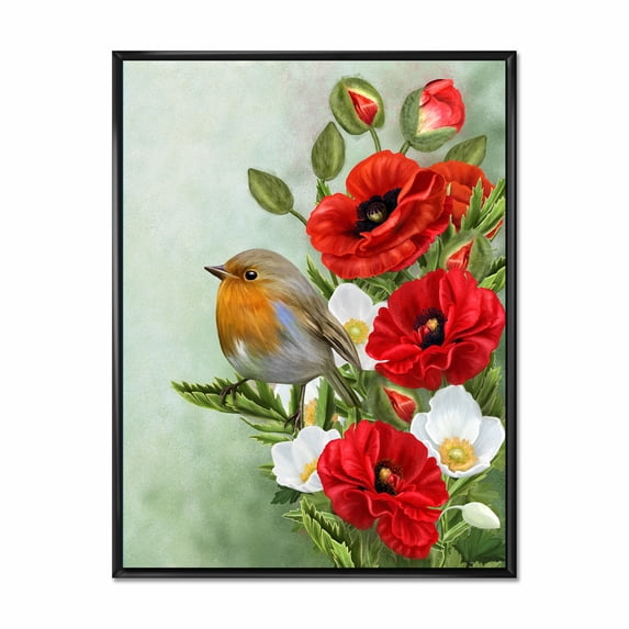 Designart 'Red Poppies and White Anemones With Yellow Bird' Traditional Framed Canvas Wall Art Print