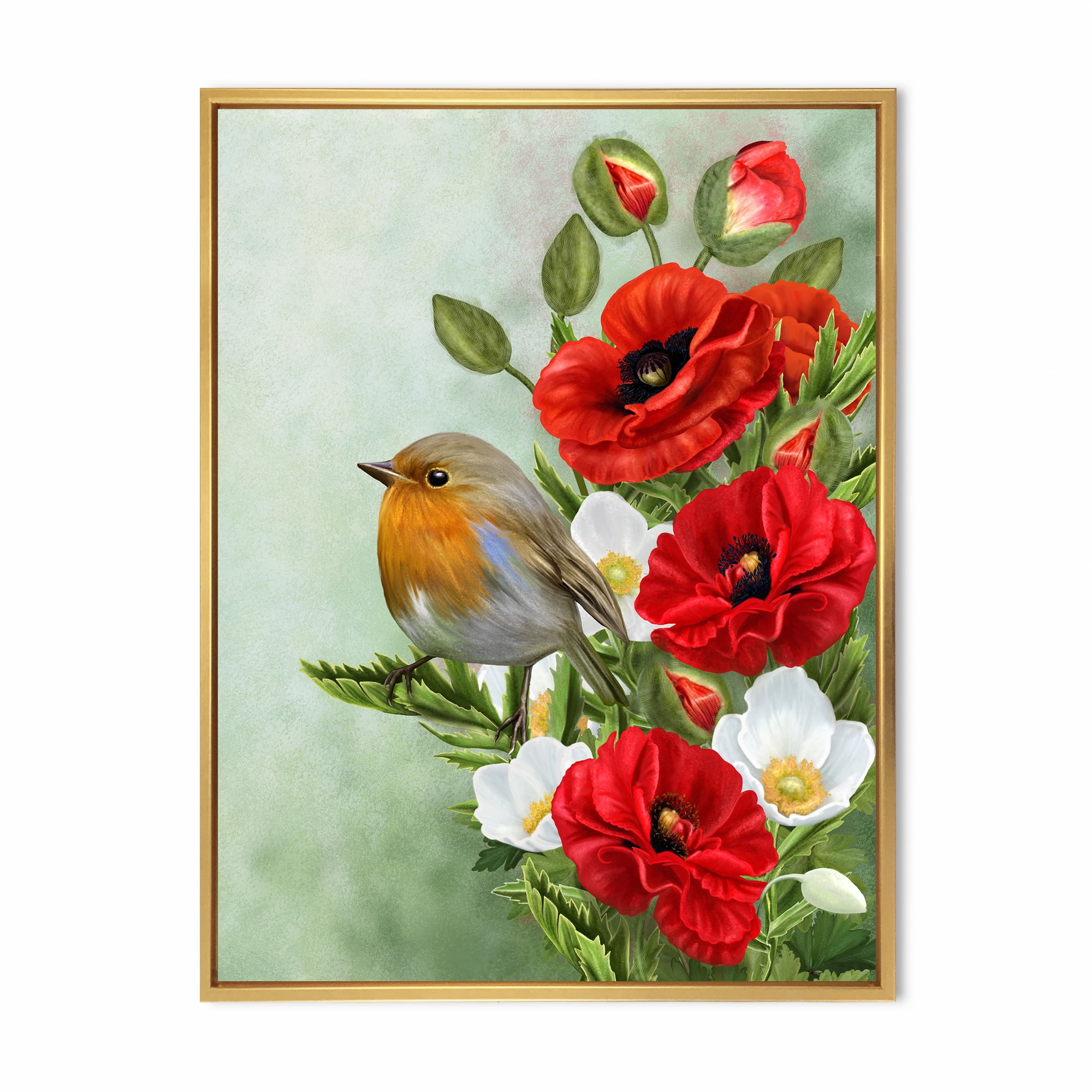 Designart 'Red Poppies and White Anemones With Yellow Bird' Traditional Framed Canvas Wall Art Print