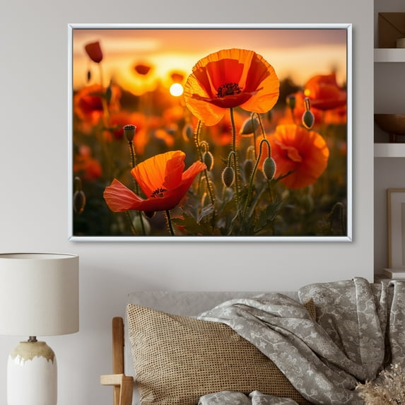 Designart "Red Poppies landscape With Sunset I" Floral Floater Framed Canvas Wall Art