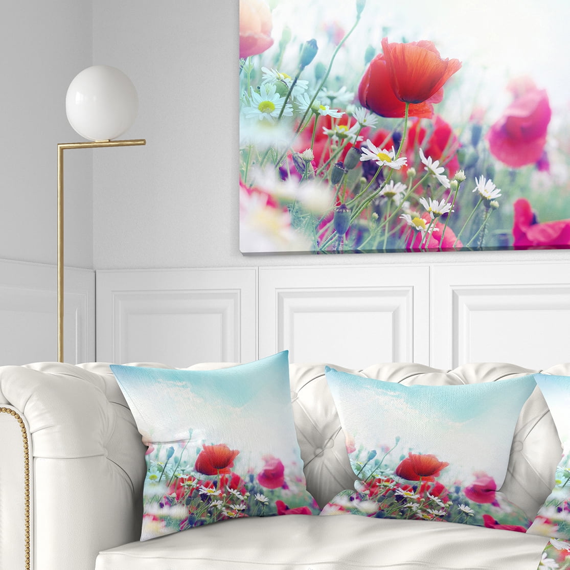 Designart Red Poppies on Blue Background - Floral Throw Pillow - 16x16