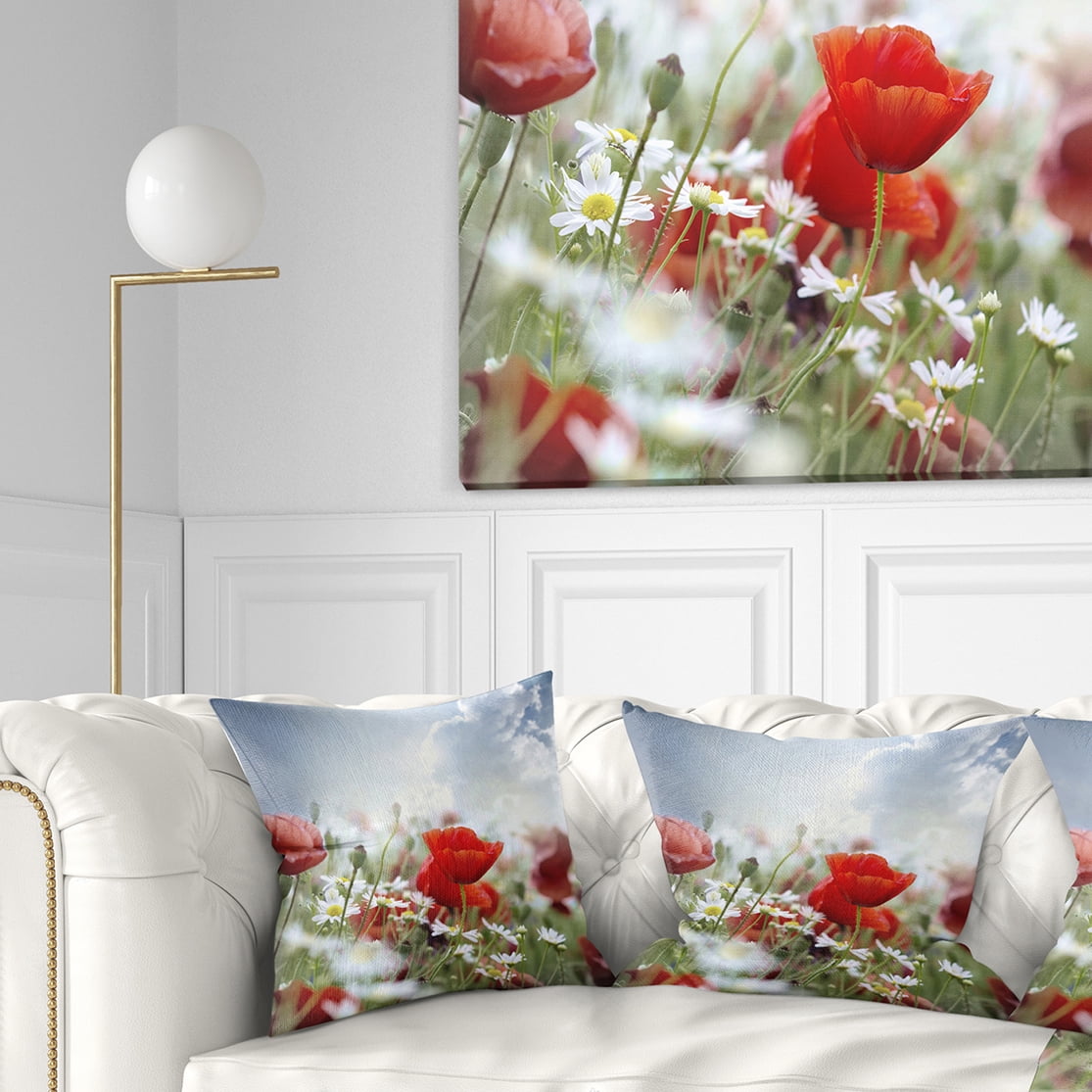 Designart Red Poppies on Cloudy Background - Floral Throw Pillow - 18x18