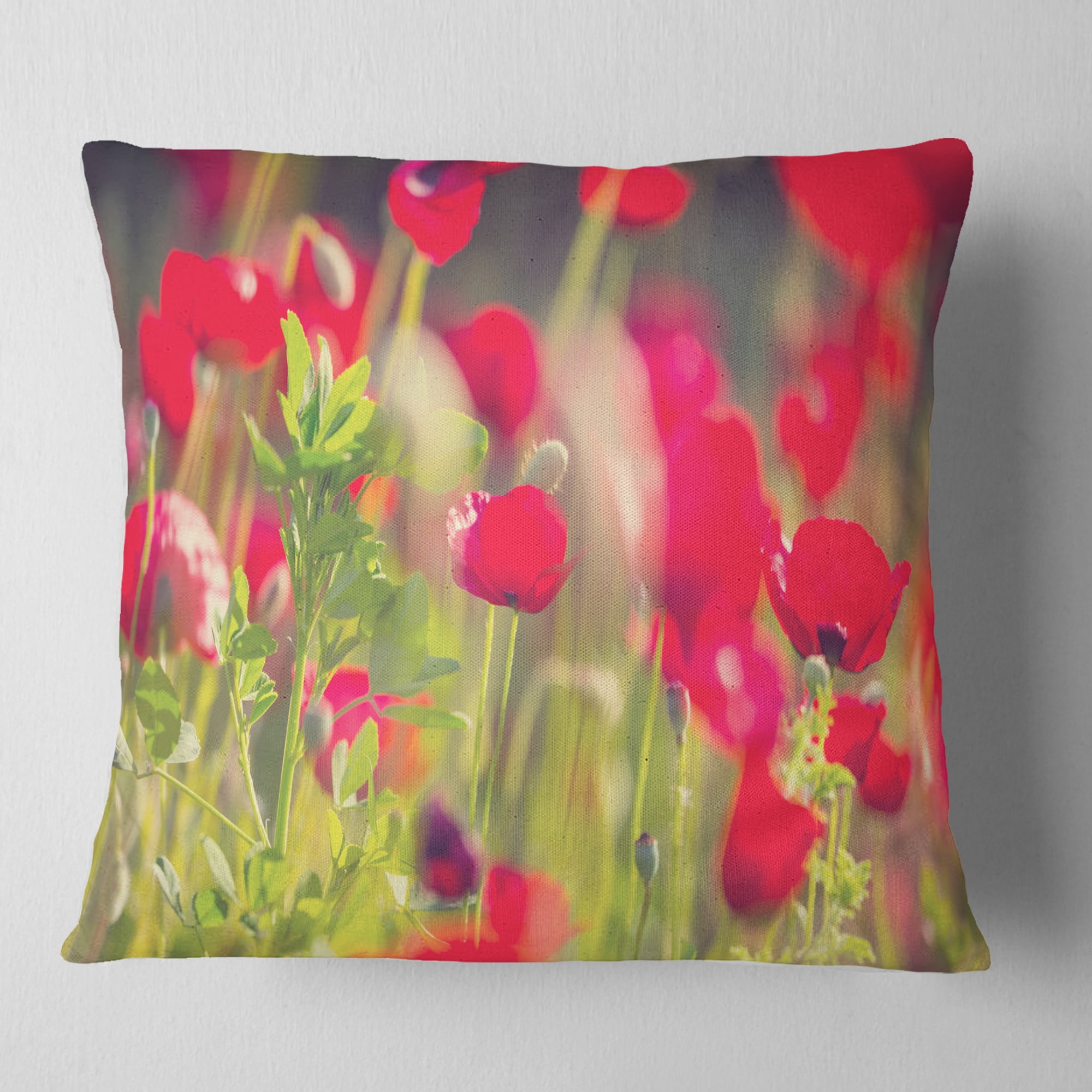 Designart Red Poppies on Green Background - Flower Throw Pillow - 18x18