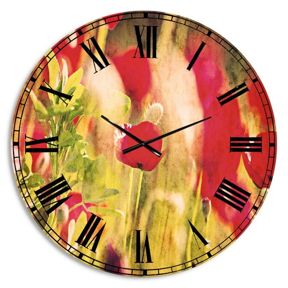 Designart 'Red Poppies on Green Background' Traditional Wall Clock