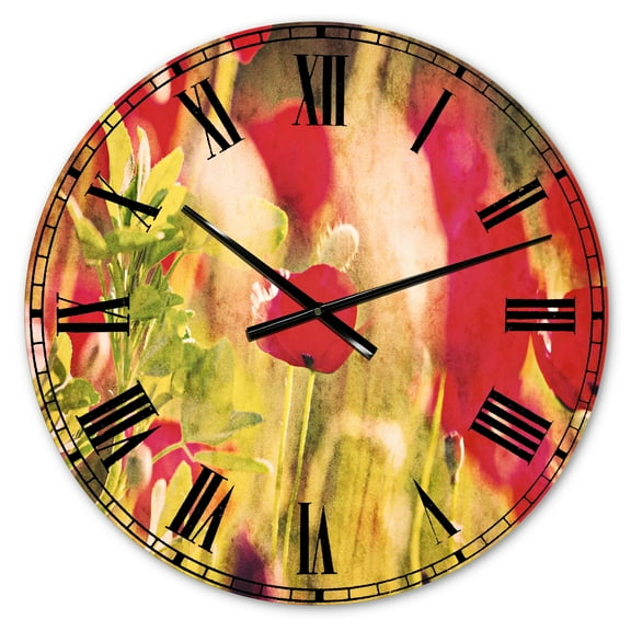 Designart 'Red Poppies on Green Background' Traditional wall clock