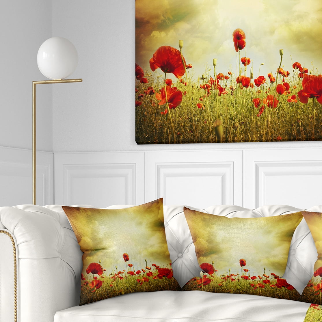 Designart Red Poppies on Grunge Background - Floral Throw Pillow - 16x16