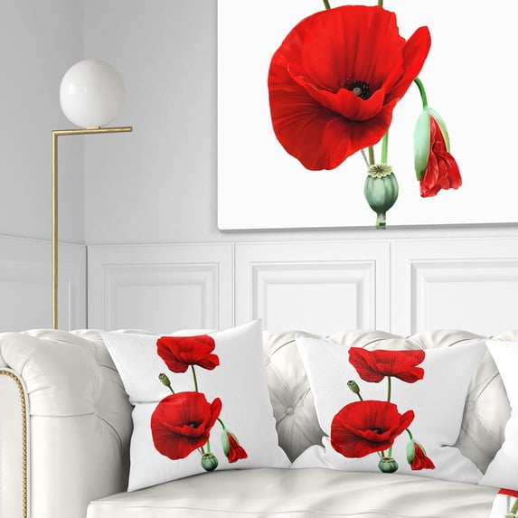Designart Red Poppies on White Background - Floral Throw Pillow - 18x18